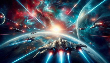 Fantasy space scene with spaceship, planets and stars. 3D rendering