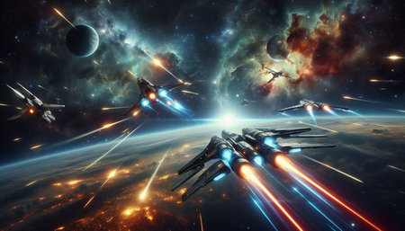 Space planets and space ships. Science fiction art. 3D rendering