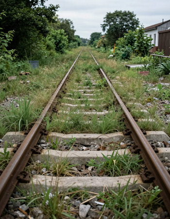 Railway tracks in the countryside with grass and trees in the background