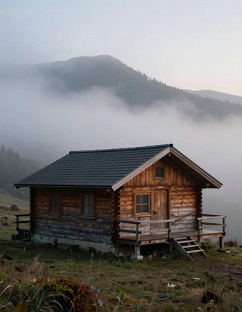 Wooden house in the mountains with fog in the morning. Carpathians, Ukraine