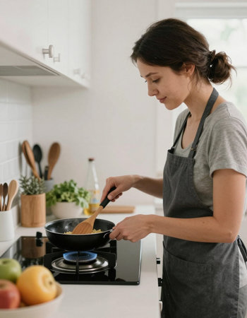Young woman cooking in the kitchen. Healthy eating, vegetarian food and dieting concept.