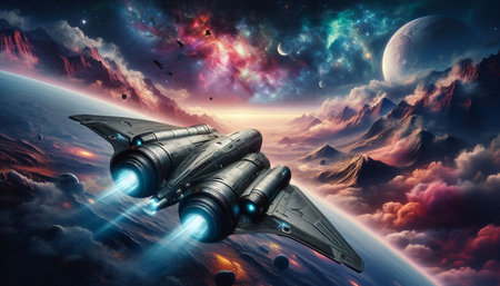 Space ship in outer space. 3D rendering. Elements of this image furnished by NASA