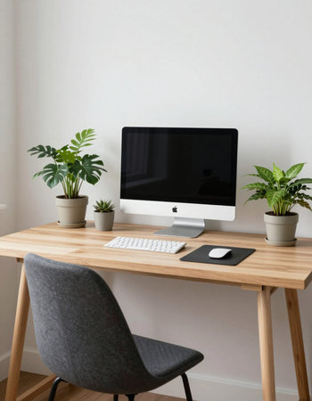 Workplace with computer, keyboard, mouse and plant on wooden table