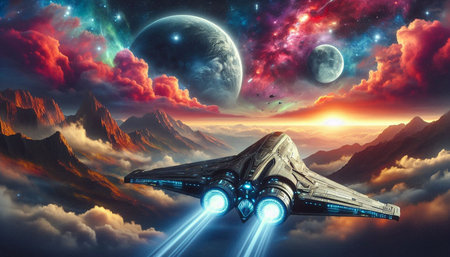 Space ship in the sky. 3D illustration. Fantasy planet.