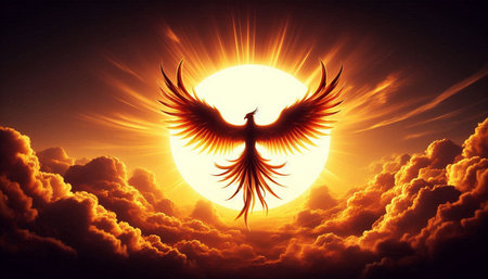 3d illustration of a phoenix flying in the sky against the sun