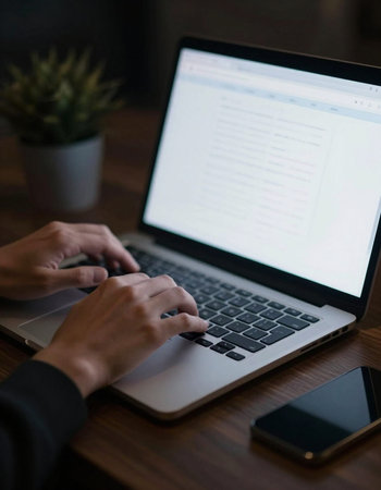 Close-up of businesswoman working on laptop at table in office