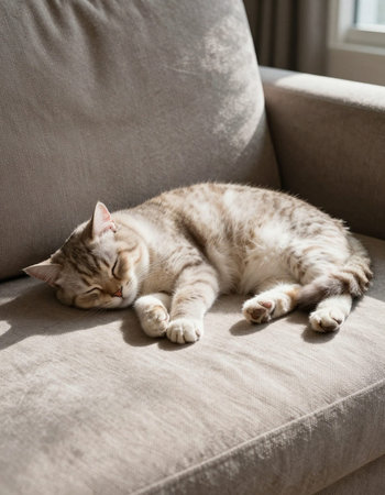 Cute cat sleeping on a sofa in the living room at home