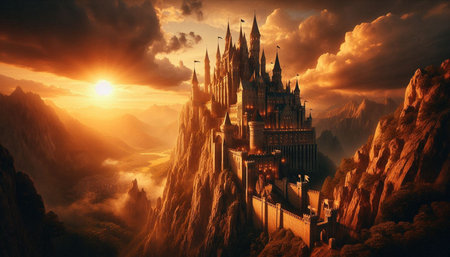 Fantasy landscape with fantasy castle. 3D illustration. Fantasy world.の写真素材