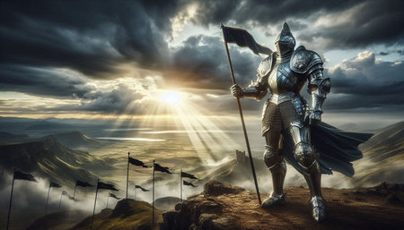 Medieval knight with the flag on the background of the mountains.