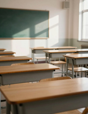 Classroom with desks and chairs, shallow depth of field, selective focusの写真素材