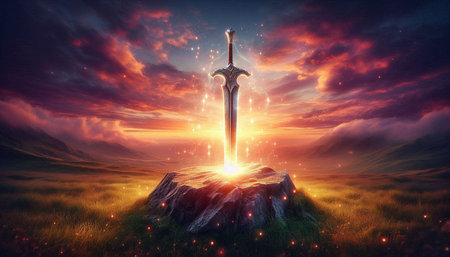 3d rendering of a medieval sword on a rock against a sunset backgroundの写真素材