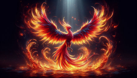 3d rendering of a red and orange flaming eagle on a dark background