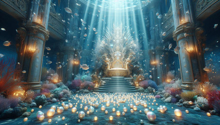 3D rendering of a fantasy scene with a golden throne in the middleの写真素材