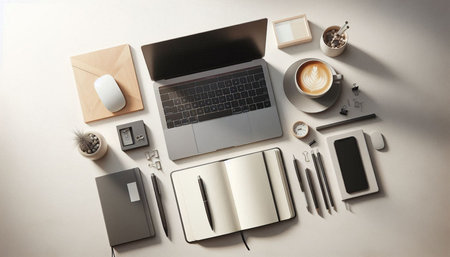 Top view of modern workplace with laptop, smartphone, stationery and coffee cup on beige background