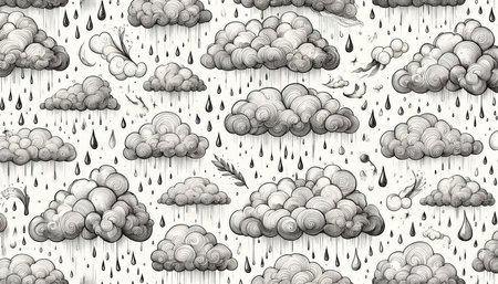 Seamless pattern with clouds and raindrops. Hand drawn illustration.