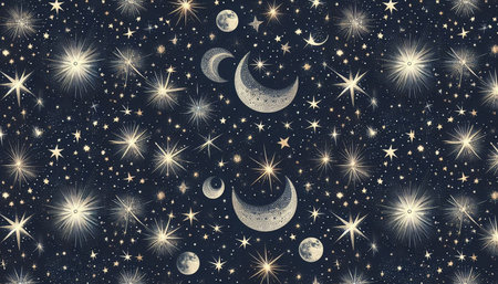 Night sky with stars and moons. Seamless pattern. Vector illustration.