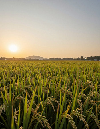 Rice field at sunrise in countryside of Thailand. Nature background.の写真素材