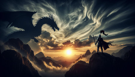 Silhouette of a knight in armor with a spear against the background of the mountains