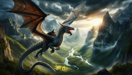 dragon flying over the river in the mountains. 3d render illustration