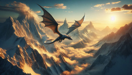 Fantasy dragon flying above the clouds at sunset. 3d illustration