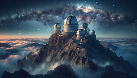 Astronomical Observatory on the top of the mountain. 3D rendering