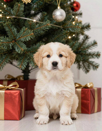 Cute Golden Retriever puppy sitting under christmas tree.