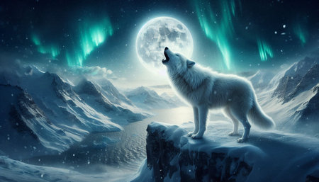 Polar wolf in snowy landscape with full moon. 3D rendering
