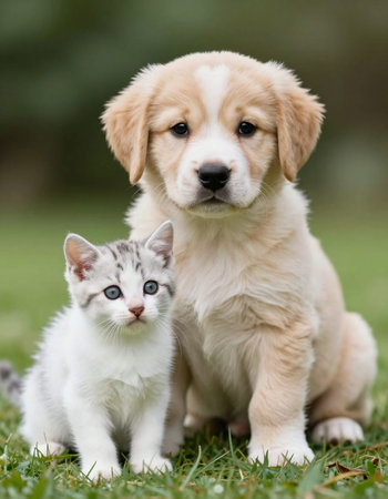 Labrador Retriever puppy with a kitten sitting on the grass