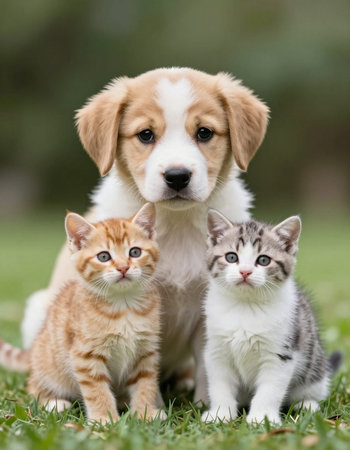 purebred beagle puppy and kittens in the garden on a sunny dayの写真素材