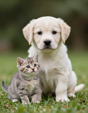 Labrador Retriever puppy and tiny kitten together in the garden.の写真素材