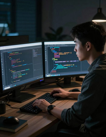 young asian programmer using computer in dark room late at night.の写真素材