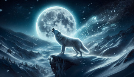 Illustration of a wolf in a snowy landscape with a full moon