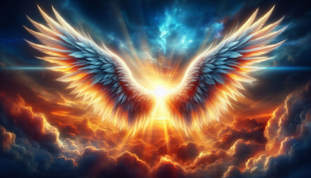 Angel wings on a background of the sky. 3D illustration.