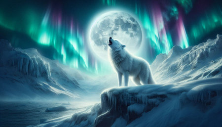 Polar bear in the night with full moon. 3d rendering