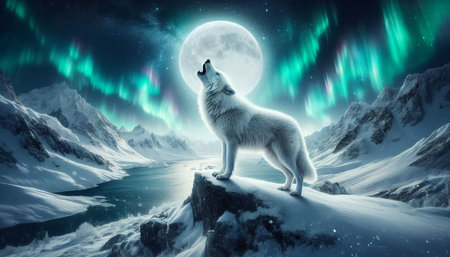 White wolf in winter landscape with northern lights. 3D rendering.