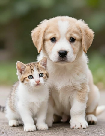 Labrador Retriever puppy and cat together in the garden.の写真素材