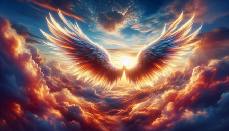 Angel wings in the sky. 3D render. Conceptual image.の写真素材