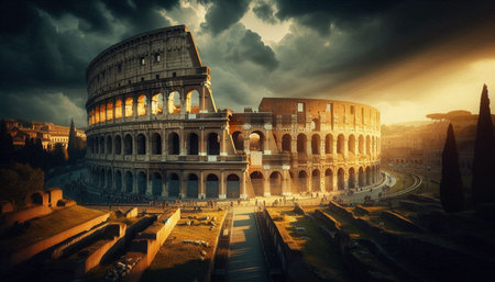 Colosseum in Rome at sunset, Italy. 3D renderingの写真素材