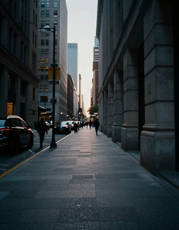 Street in New York City with tall buildings and high-rise buildings