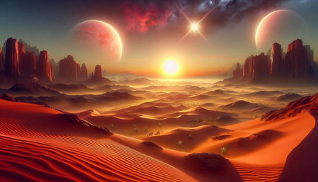 Fantasy alien planet. Mountain and sand. 3D illustration.の写真素材