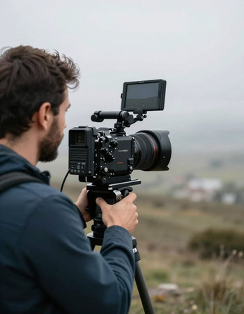 Male videographer with professional video camera on tripod in the field.