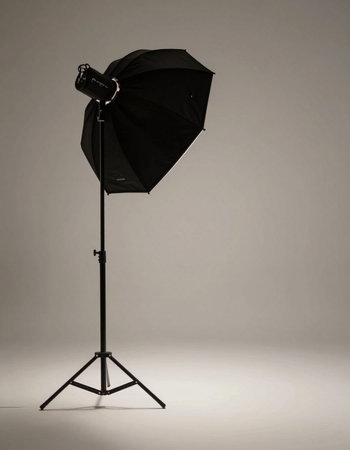 Studio lighting equipment on grey background. Professional studio lighting equipment for...