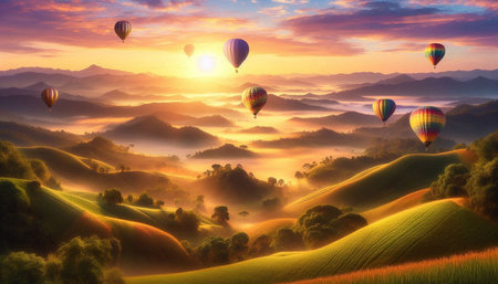 Colorful hot air balloons flying over the mountains in the morning mist.
