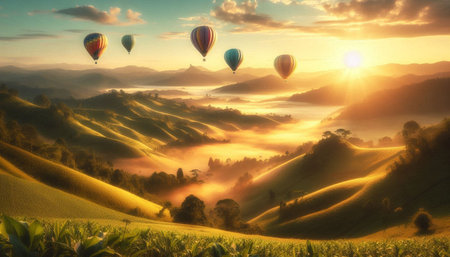 Hot air balloons flying over the valley at sunrise. 3D rendering