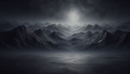 Fantasy landscape with mountains and moon. 3d render illustration.の写真素材