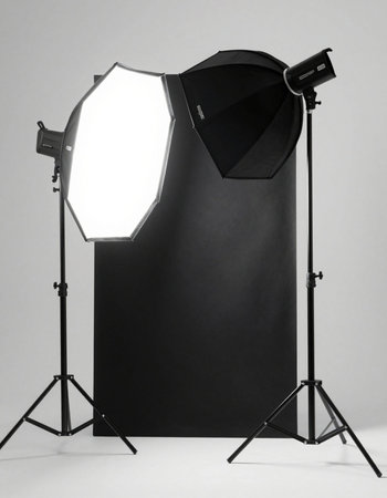 Photo studio equipment with softbox and lighting flashes on gray background.