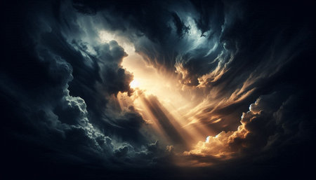 Dramatic sky with clouds and sun rays. 3d rendering