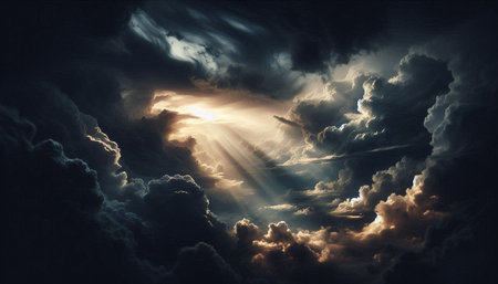 Dramatic sky with sun rays and clouds. 3d rendering