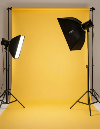 Photo studio equipment with softbox and flashes on a yellow background.