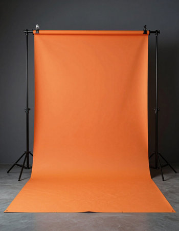 Photo studio equipment with blank orange canvas on gray background. 3d renderの写真素材
